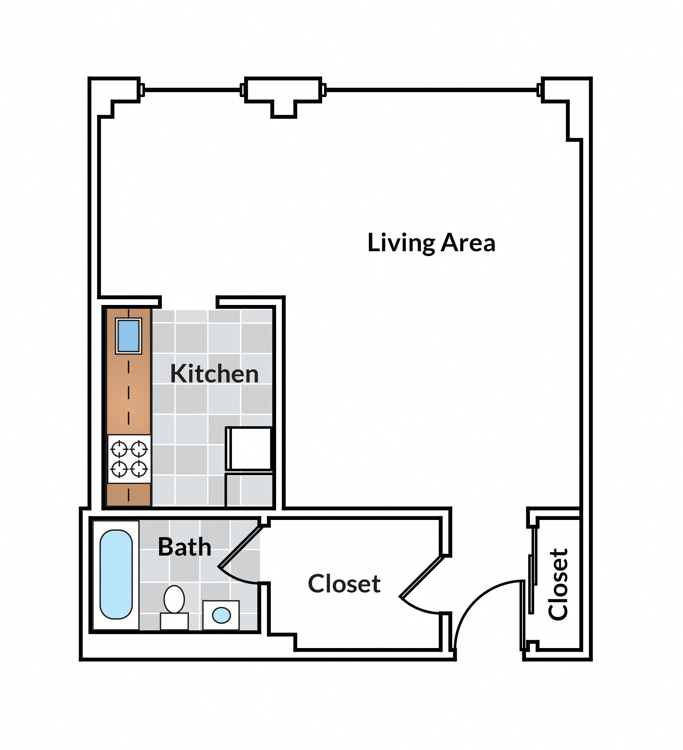 Floor plan for studio, 1 bath, 534 sqft
